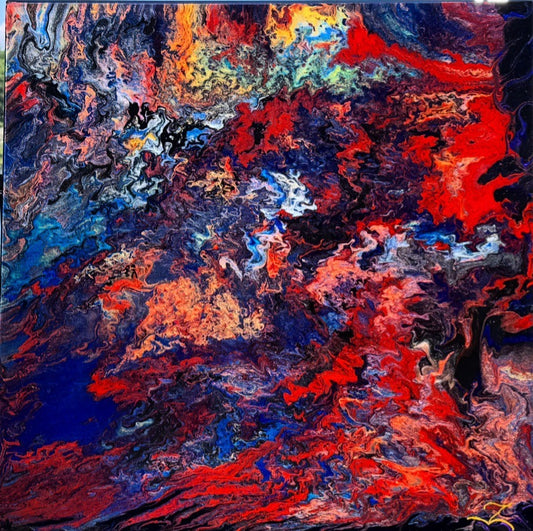 Abstract painting with vibrant red, blue, and orange colors